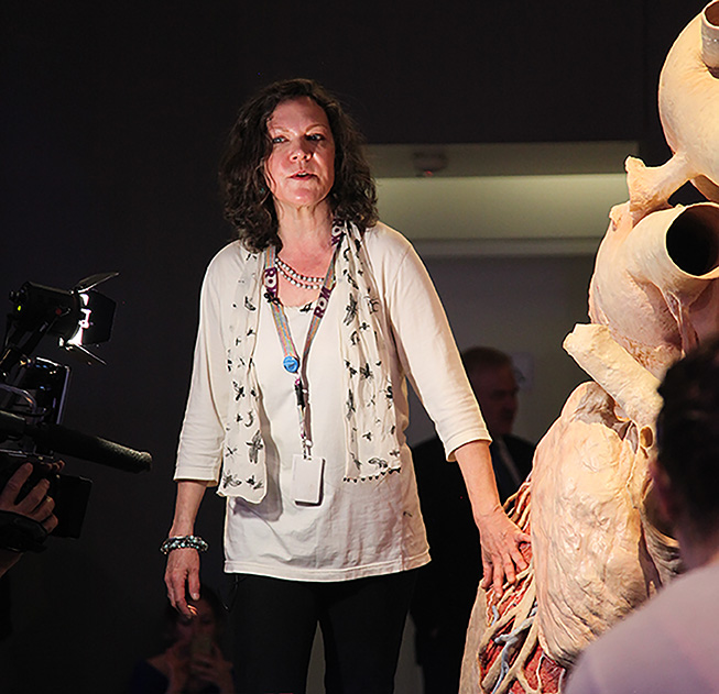 Jacqui talks to the media about the blue whale heart after its installation in the ROM's exhibition. Photo by Fennella Hood