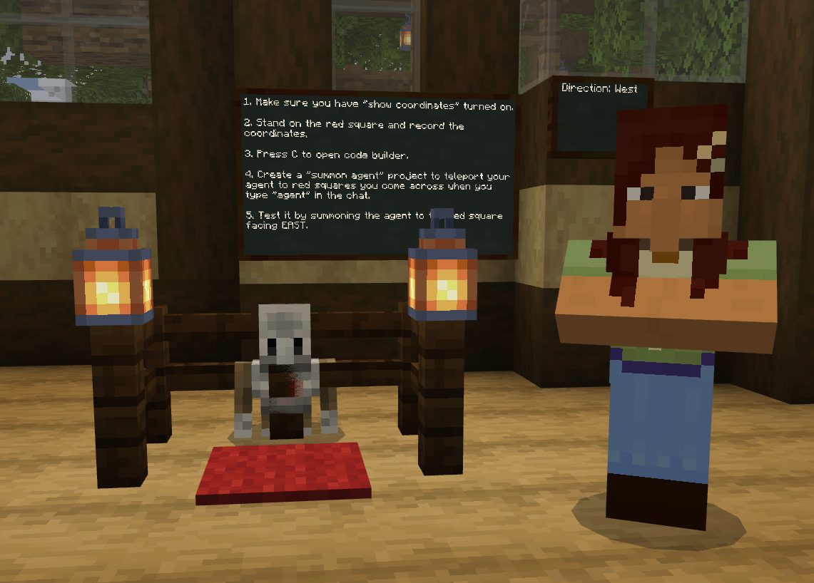 A Minecraft screenshot of an in-game guide standing next to the coding agent. Chalkboards in the background outline steps to creating a code to summon the agent, and indicate that the viewer is facing west.